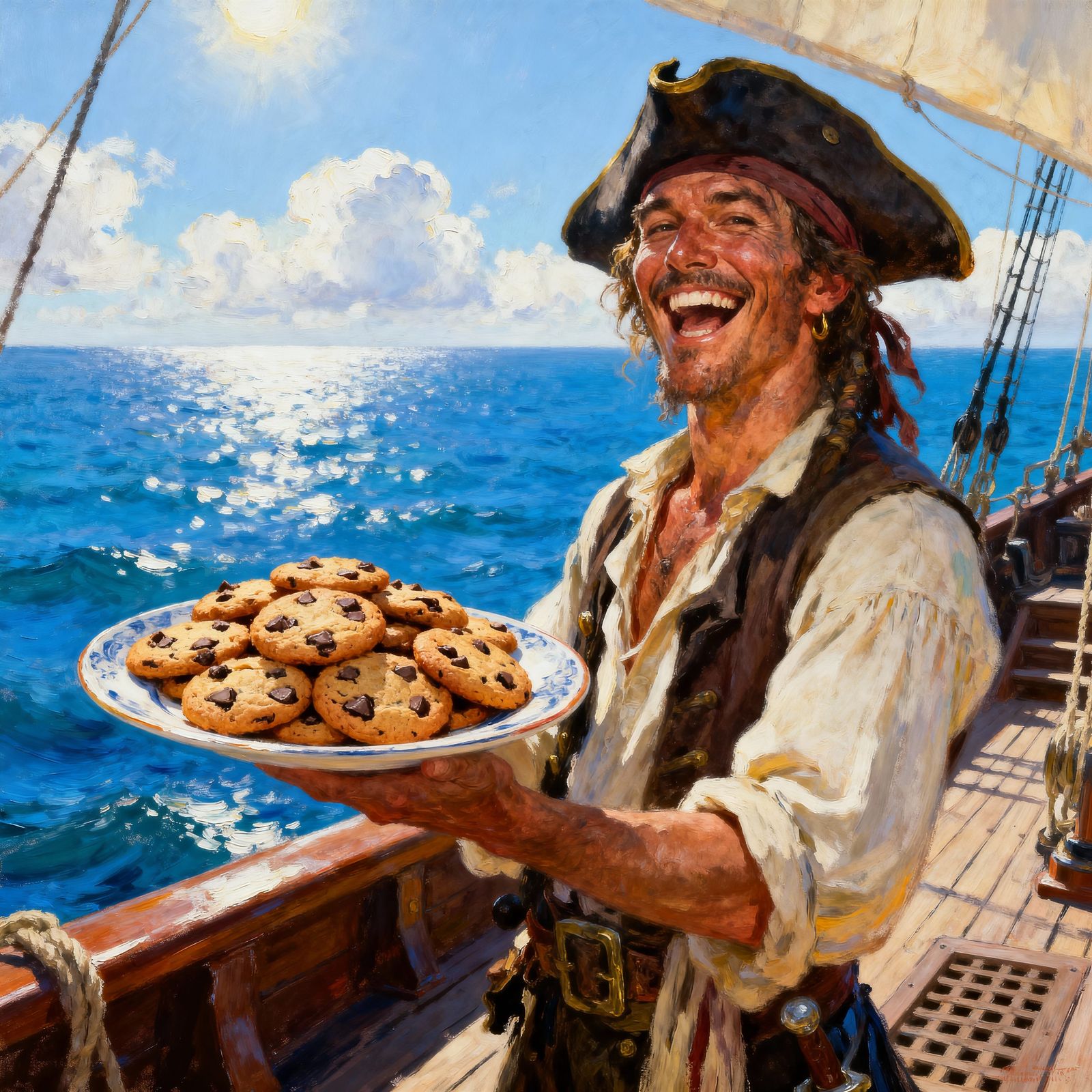 Pirate with Chocolate Chip Cookies on Sunny Ocean