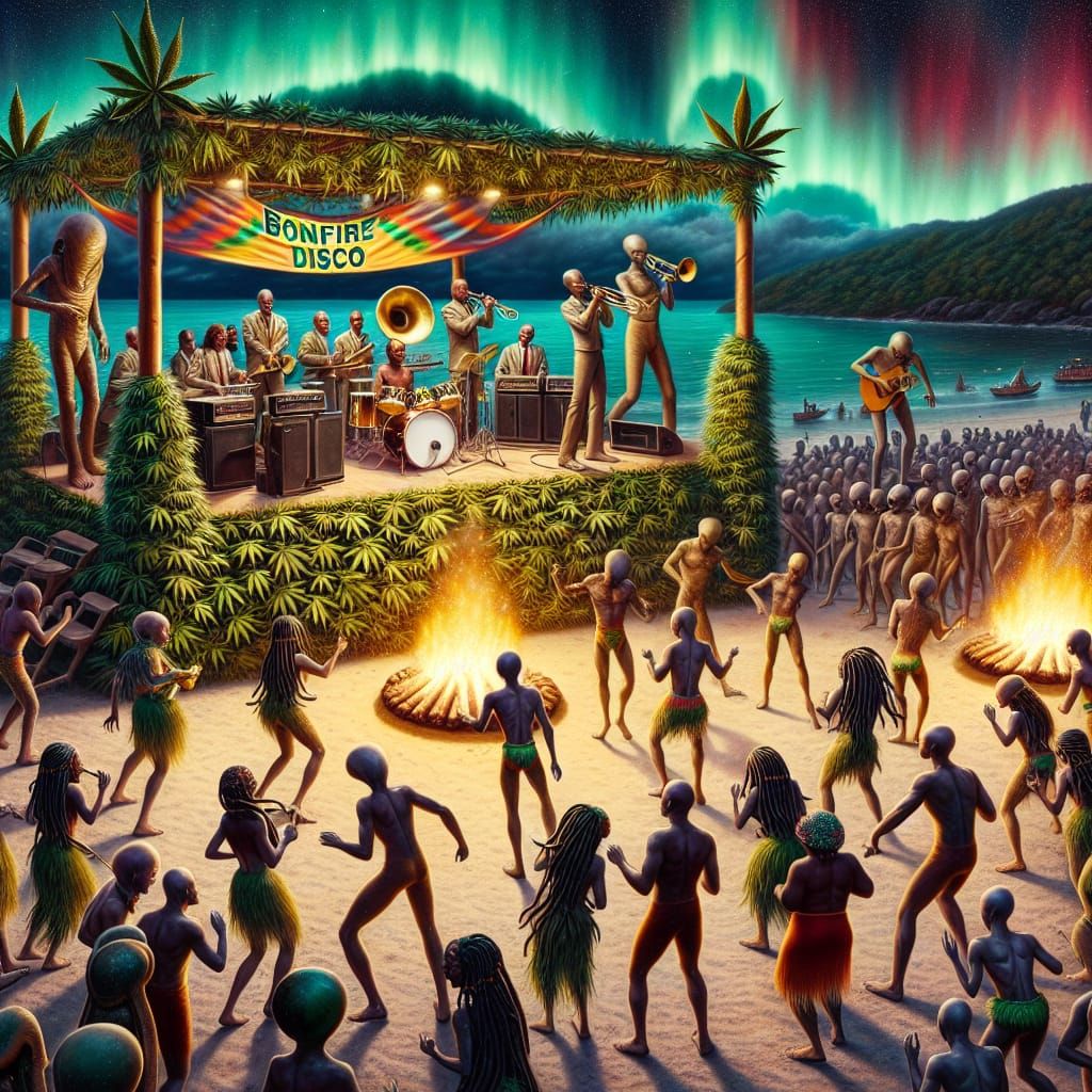 Extraterrestrial Beach Bonfire Disco Under Aurora Borealis