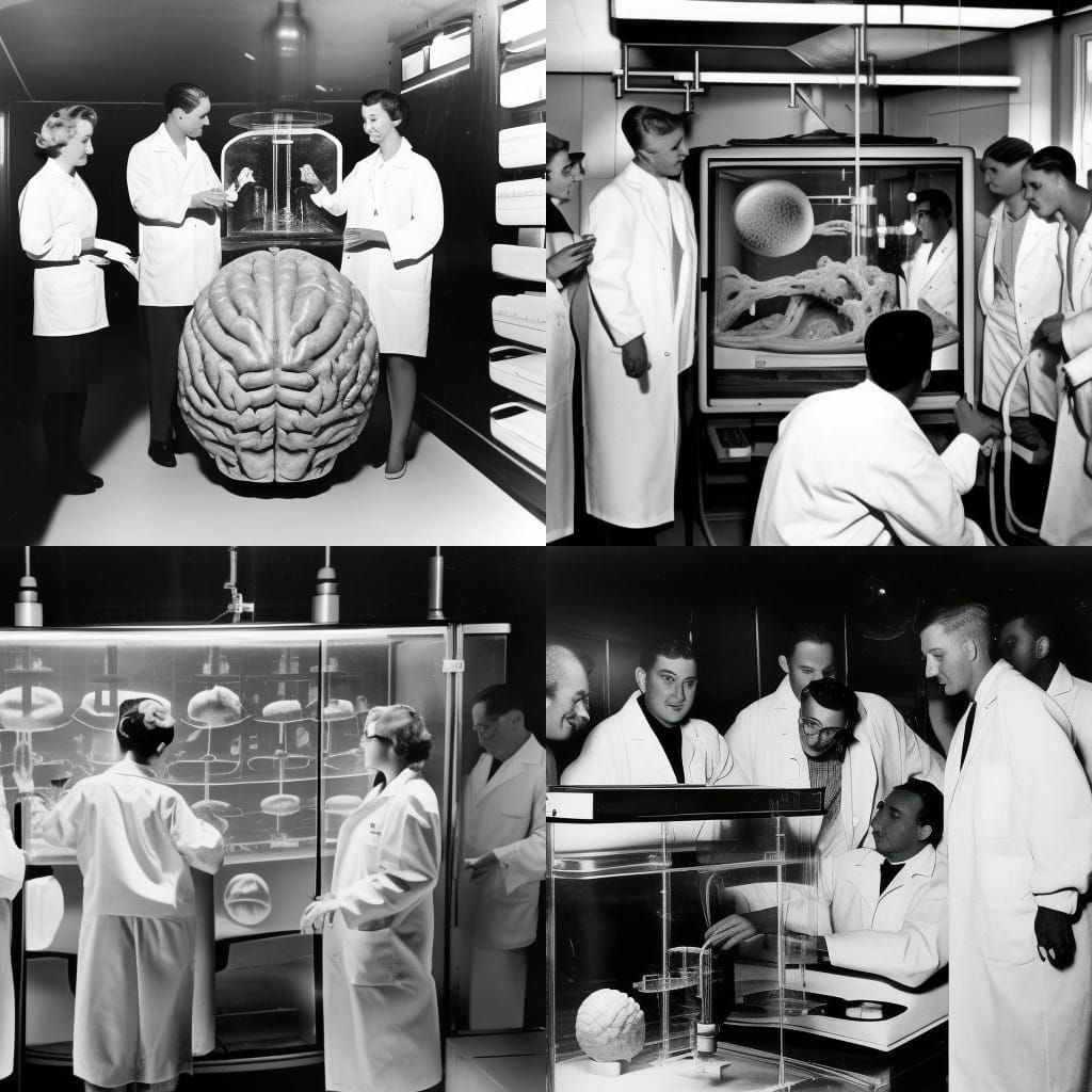 Giant Brain in Tank: 1950s Black and White Photo