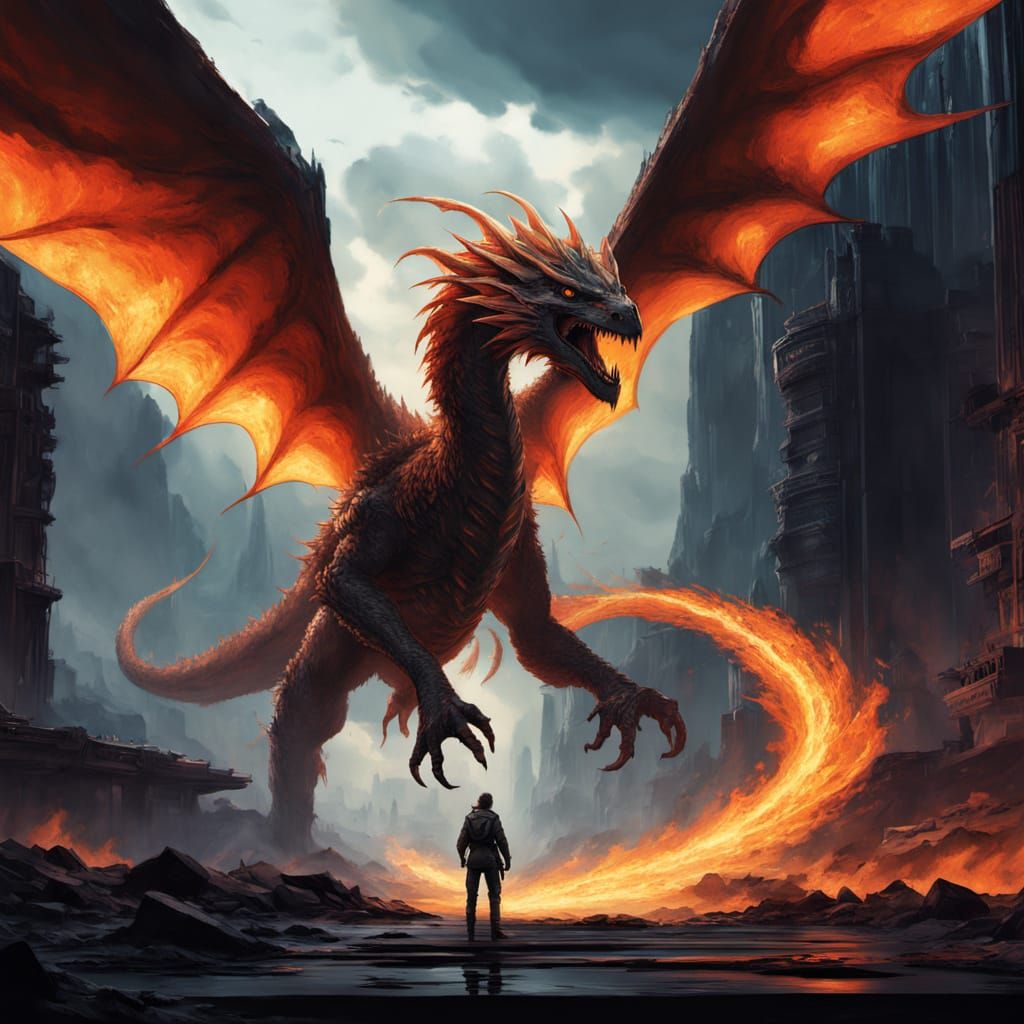 Cyberpunk Fantasy Dragon Phoenix Ascends Amidst Fiery Volcan...