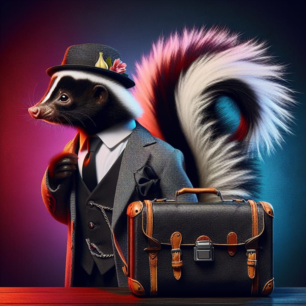 Whimsical Skunk Salesman in Vivid, Dramatic Scene