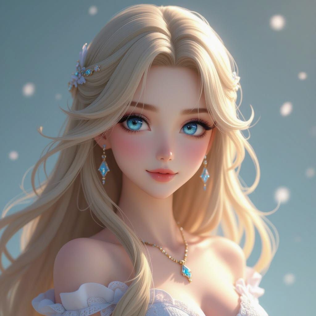 Radiant Goddess with Flowing Blonde Hair in Dreamy Anime Sty...