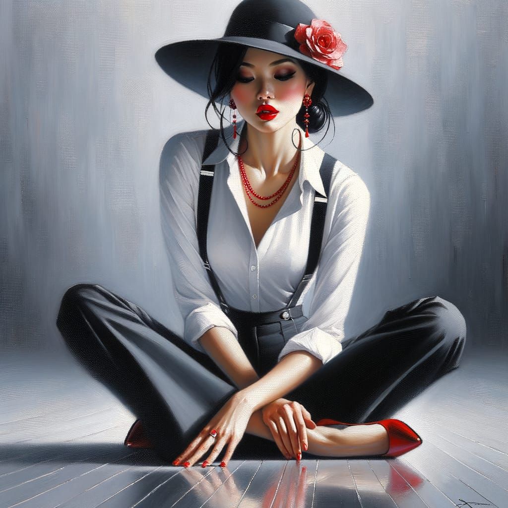 A soft impressionism, soft brush strokes oil, painting of a lady with a black hair wearing a black hat with a red rose a...