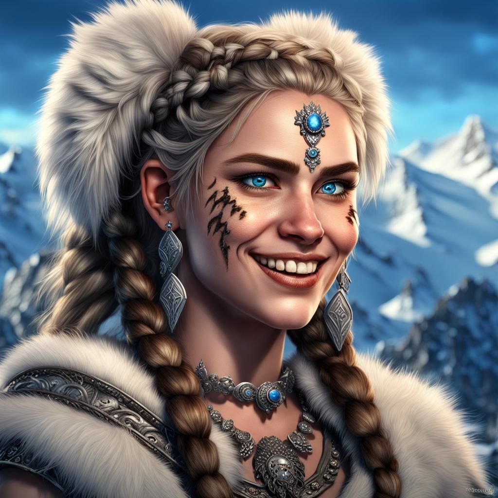 Photorealistic portrait of a stunning barbarian queen wearin...