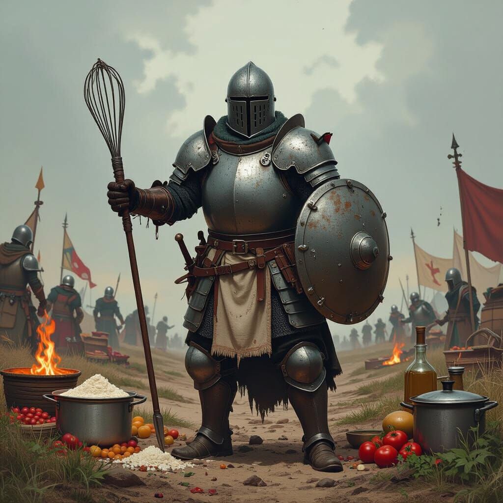 Reluctant Chef Warrior on Battlefield, in Stalenhag Style