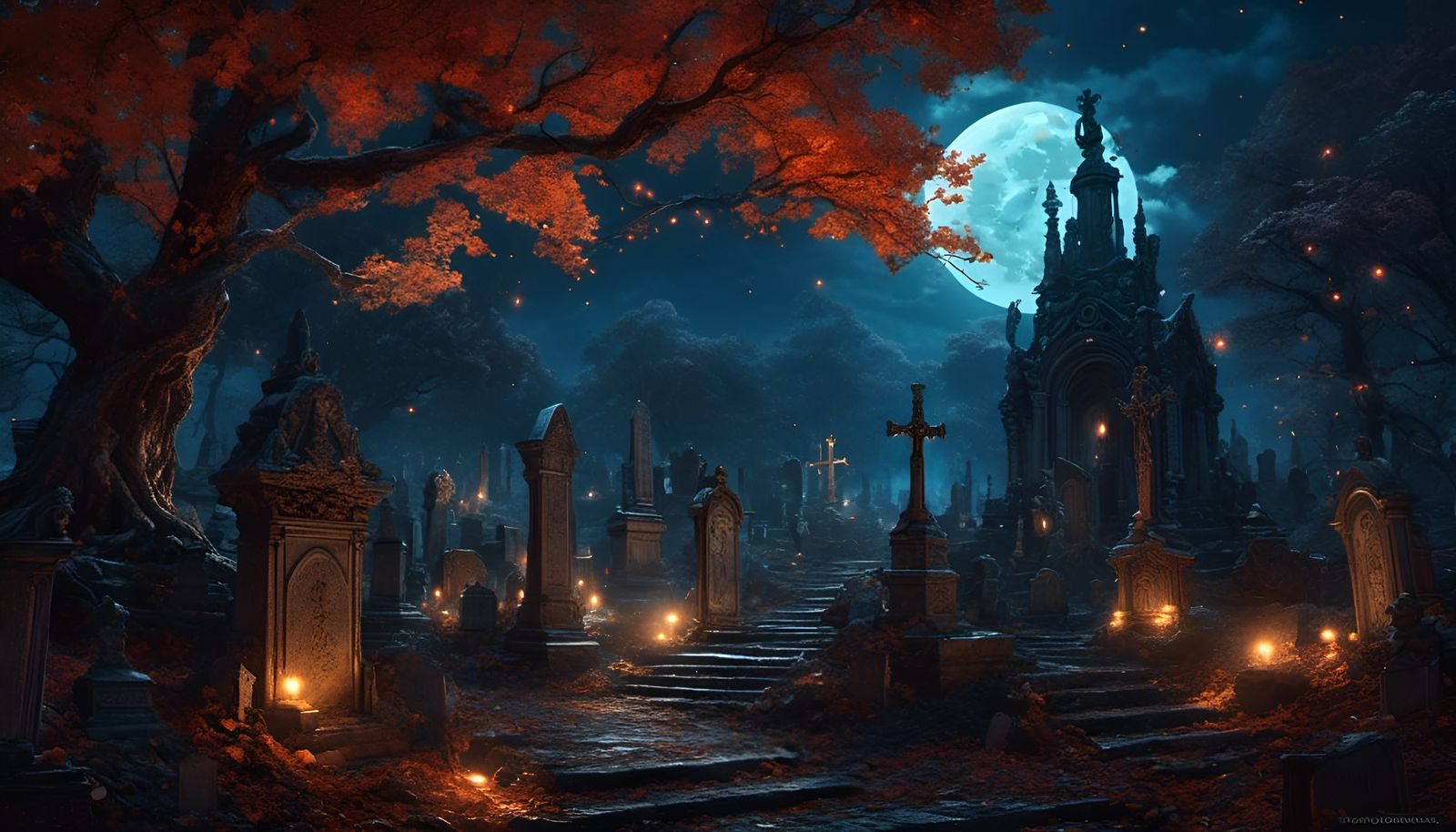 Eerie Moonlit Graveyard in Fantasy Art Style