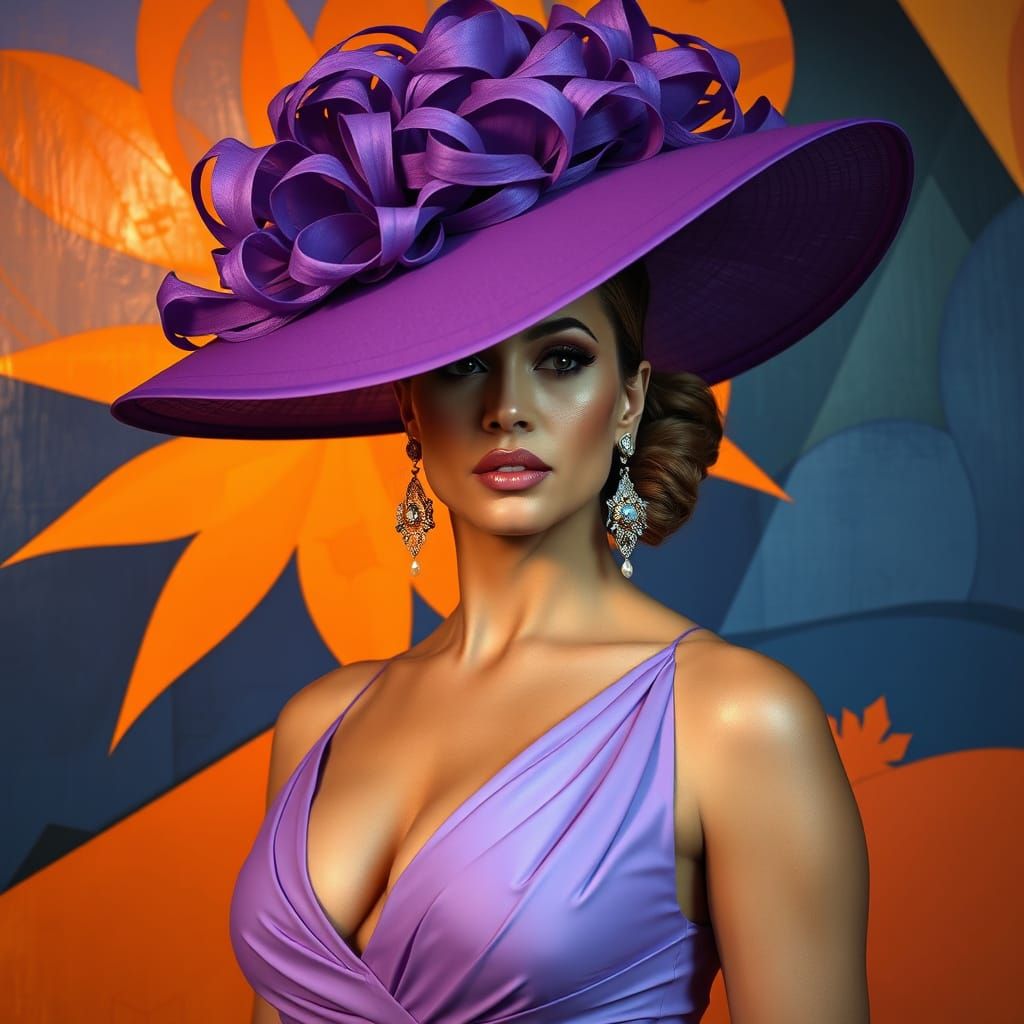 Woman in Purple Hat: Cubism and Art Deco Portrait