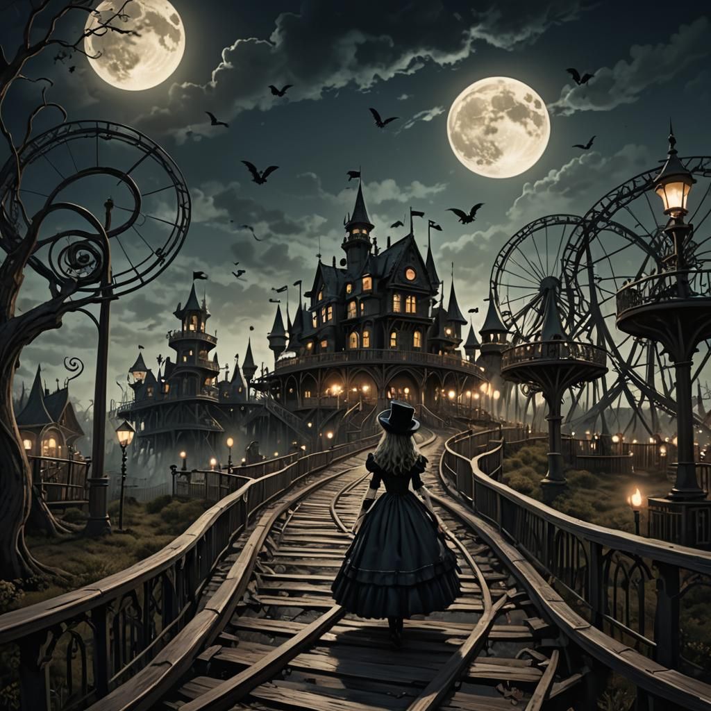 Eerie Victorian Fairground with Gothic Rollercoaster