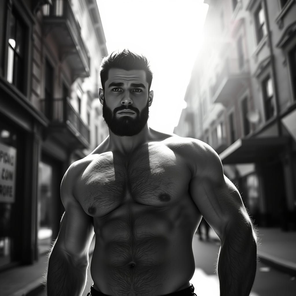 Hairy Fitness Model in Film Noir Style