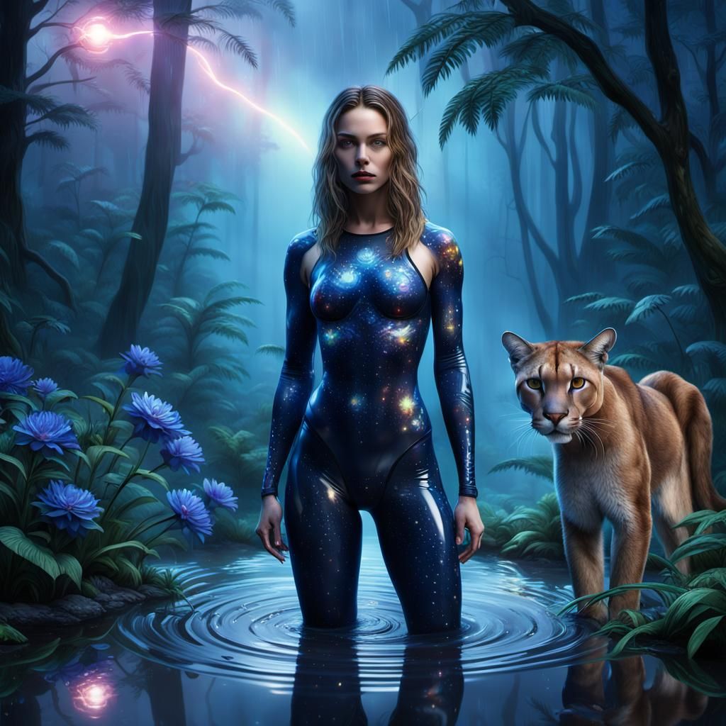 Cougar Woman in a Foggy Holographic Jungle