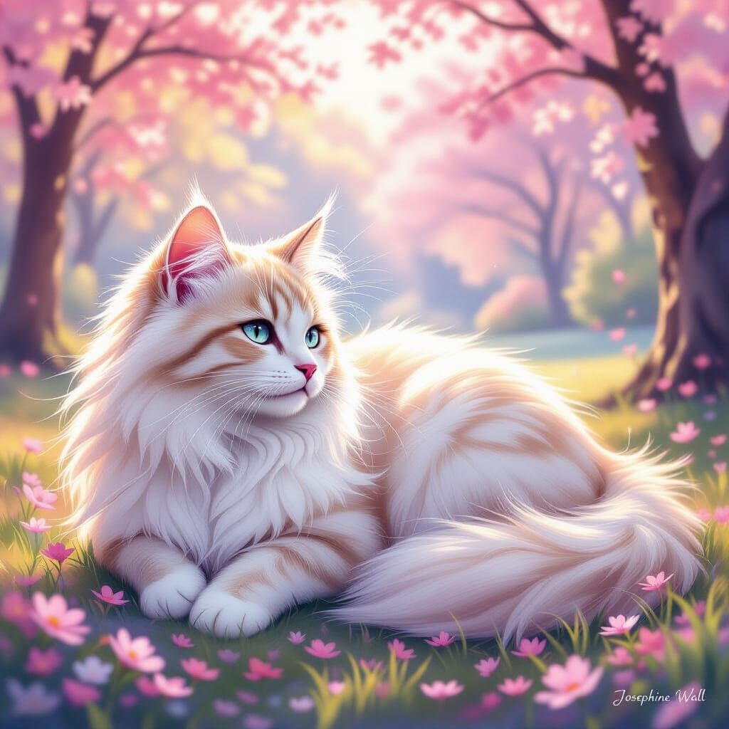 Ethereal Cat in Pastel Rainbow Park, Josephine Wall Style