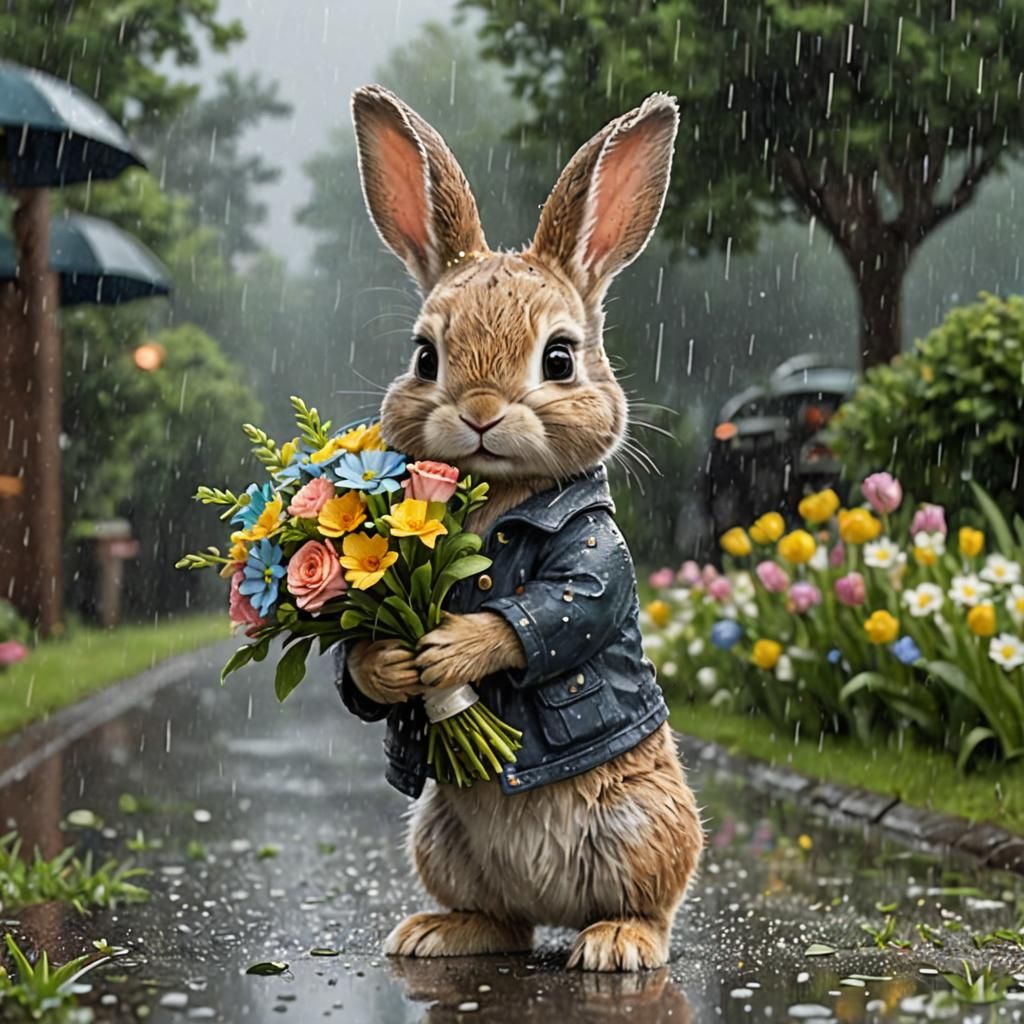 Baby Bunny with Flowers in the Rain