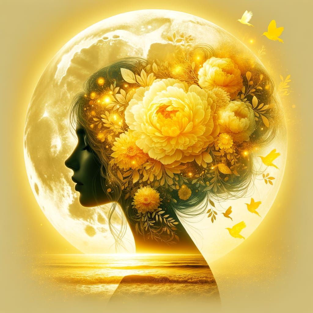 Woman Under Golden Moonlit Sky