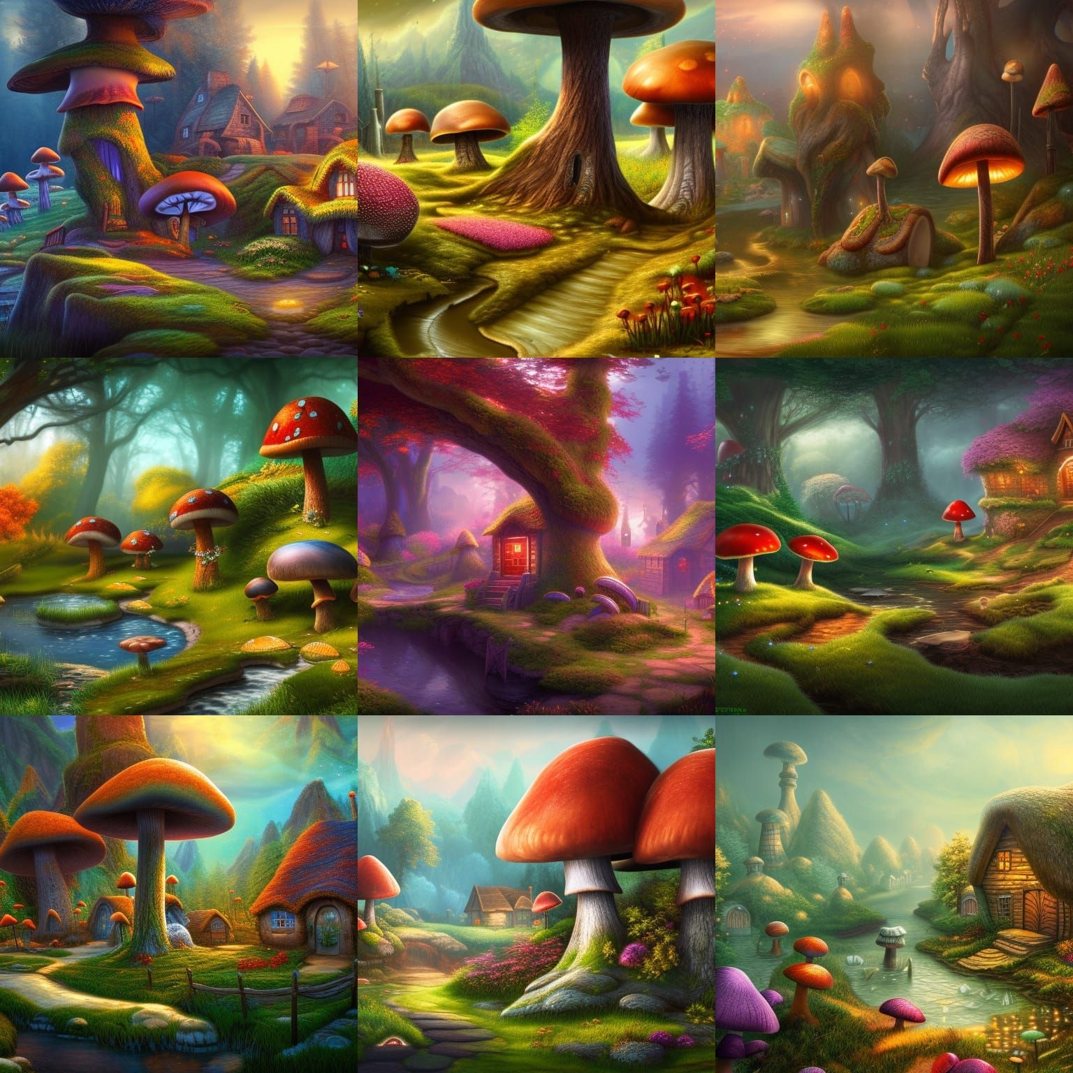 Mushroom Cottage Magical Landscape in Detailed Matte Paintin...