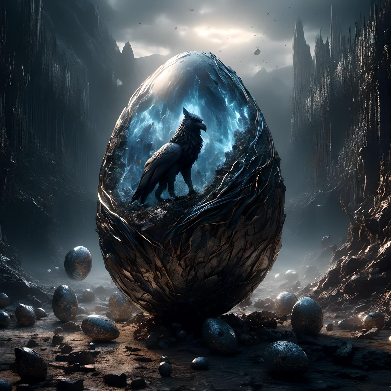 Griffin Hatching in Chromatic Surrealism Landscape