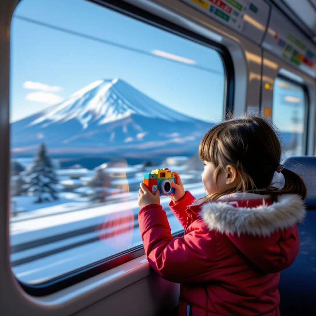 Girl Photographs Mount Fuji from Bullet Train