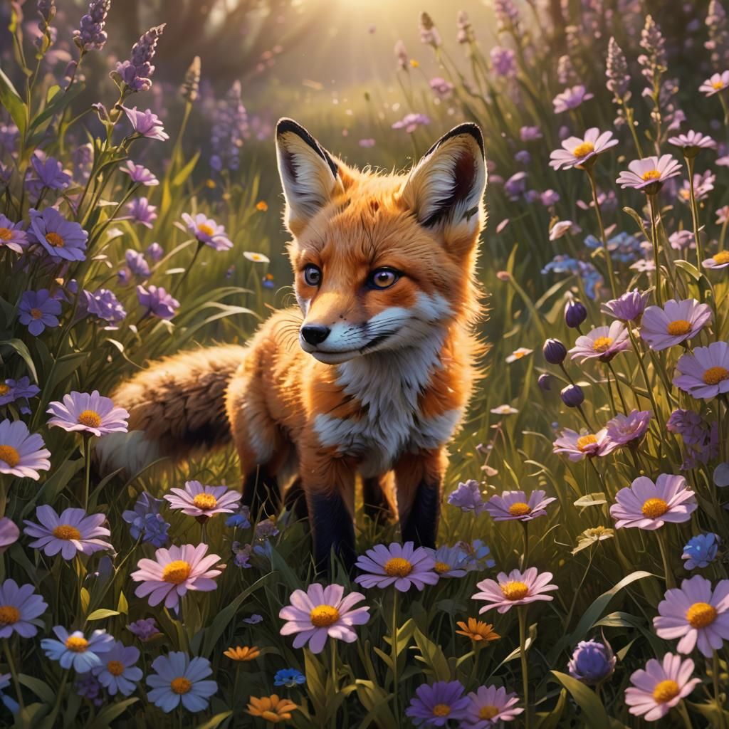 Fox Cub Sniffing Flower in Vibrant Meadow