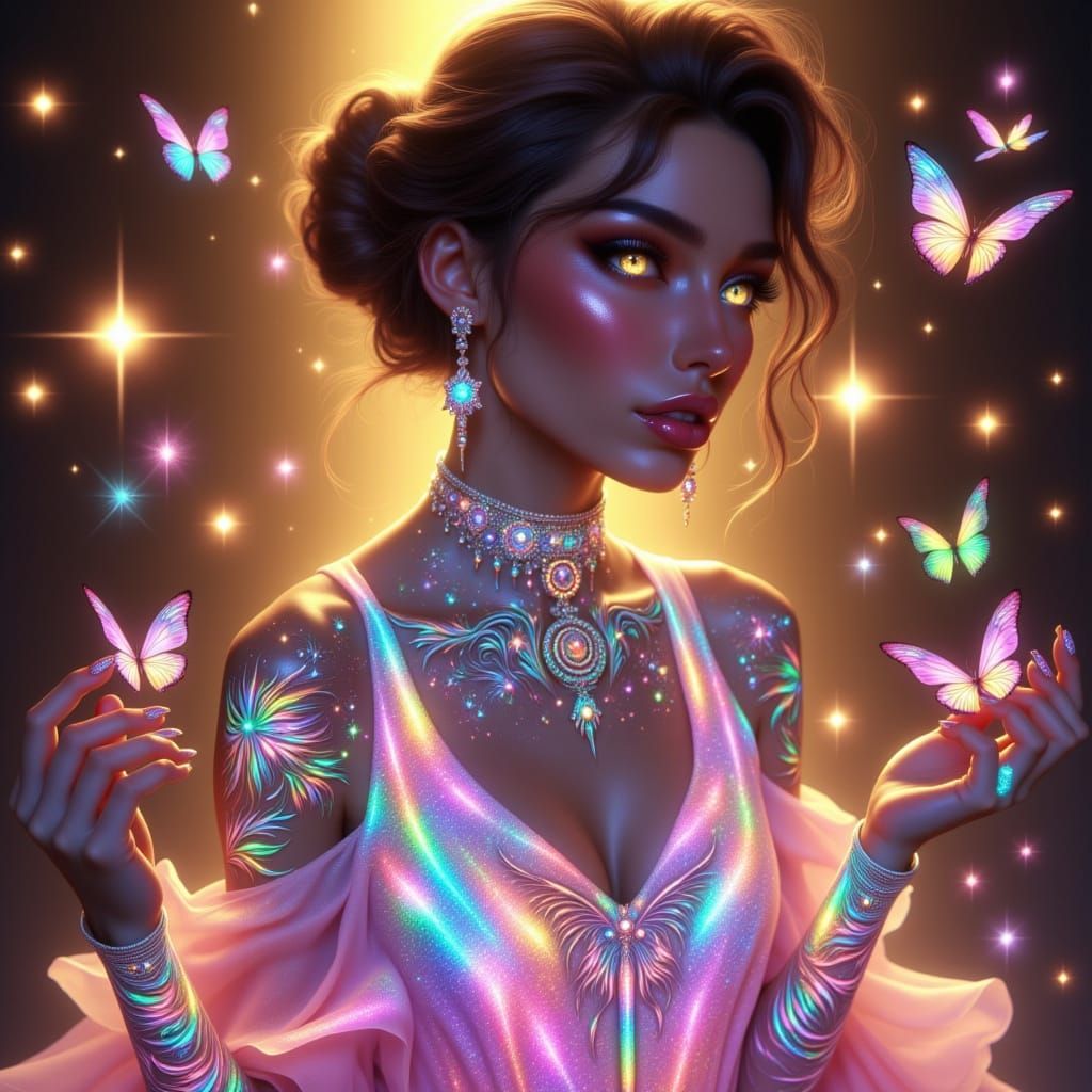 Mystical Woman with Glowing Tattoos and Butterflies