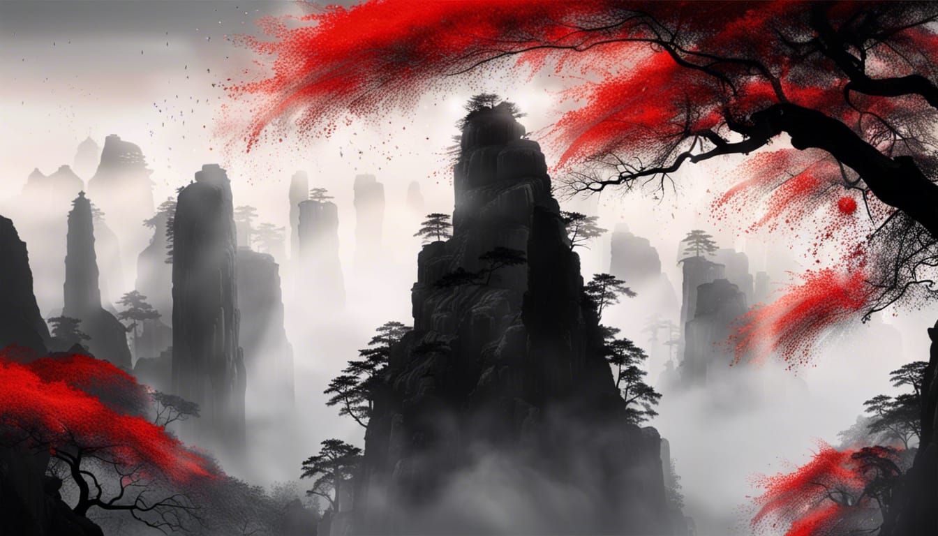 Tianzi Mountains Silhouette in Chinese Art Style