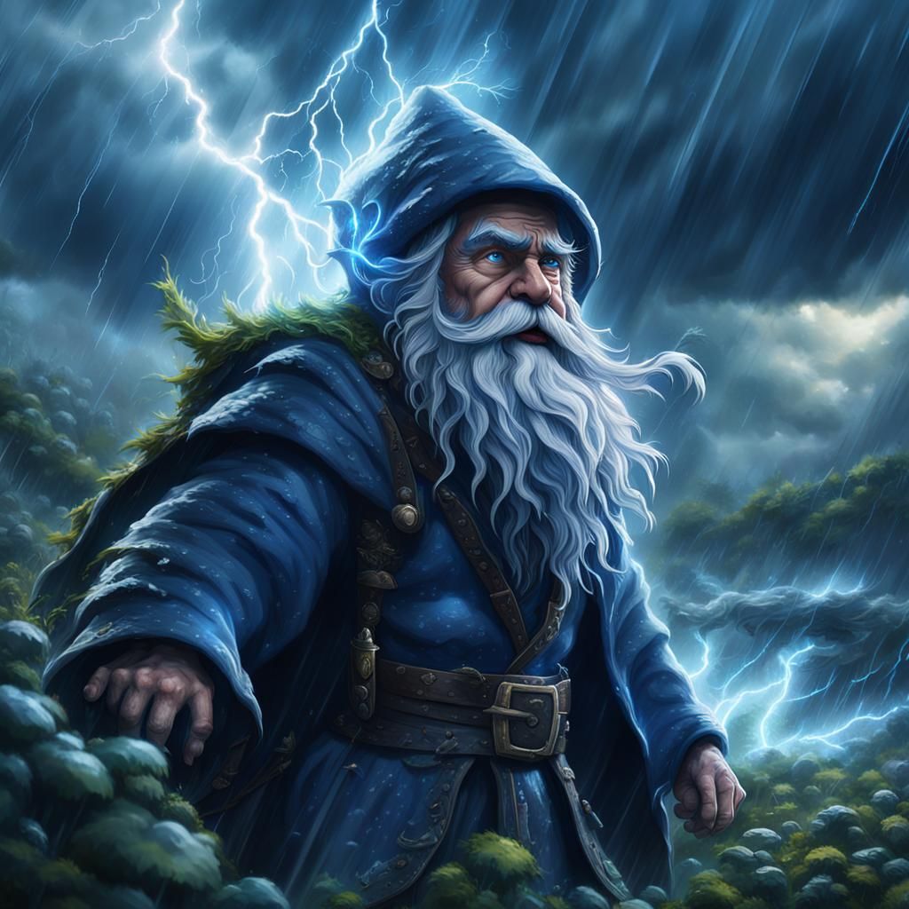 Gnome's Courage: Epic Storm Battle in Digital Art