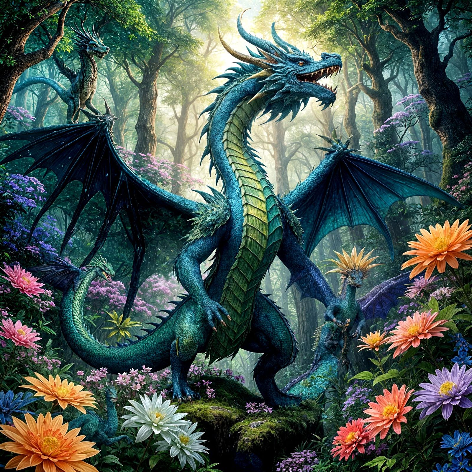 Majestic Dragon in Fantastical Forest Landscape