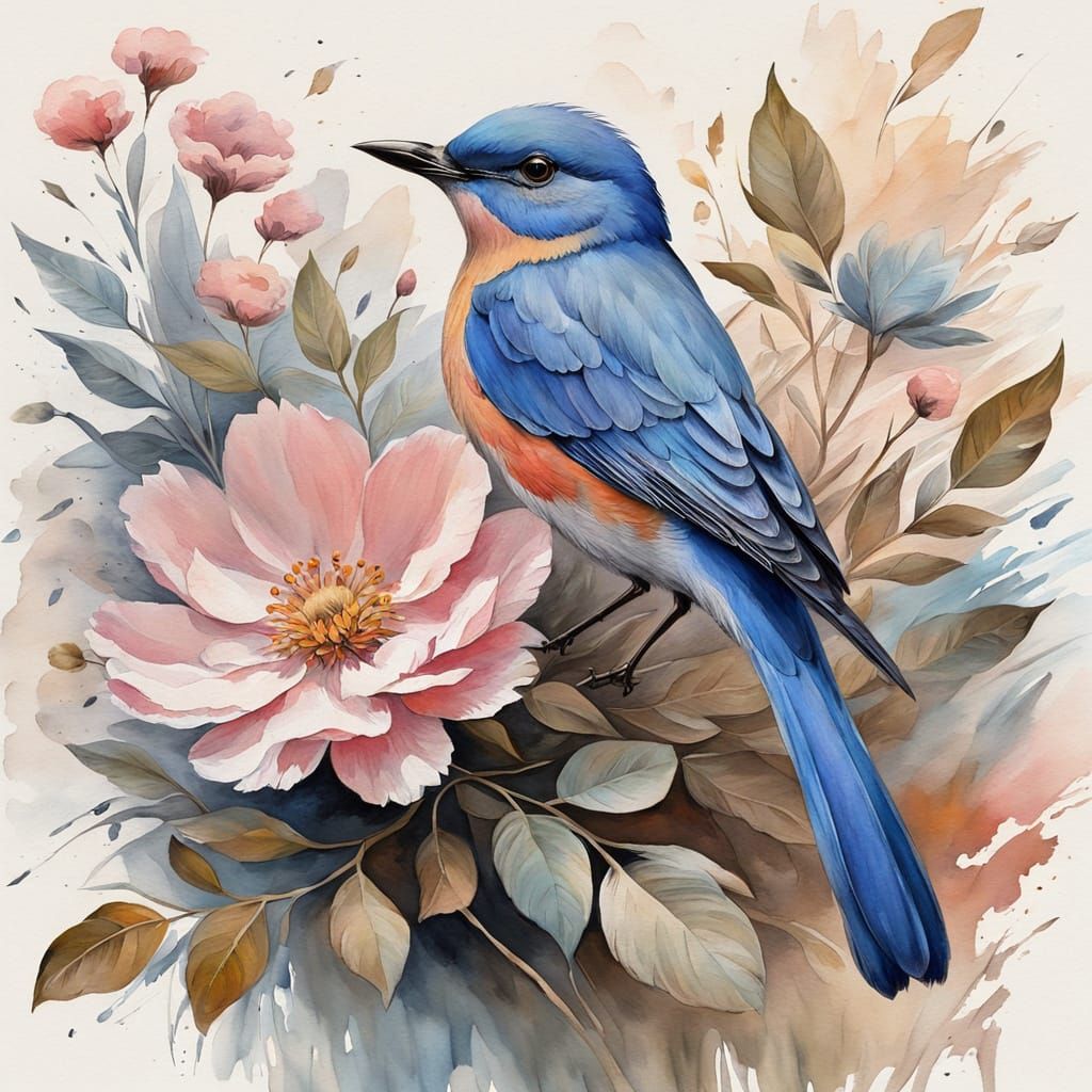 Whimsical Watercolor Masterpiece: Gentle Pink Flower and Sky...