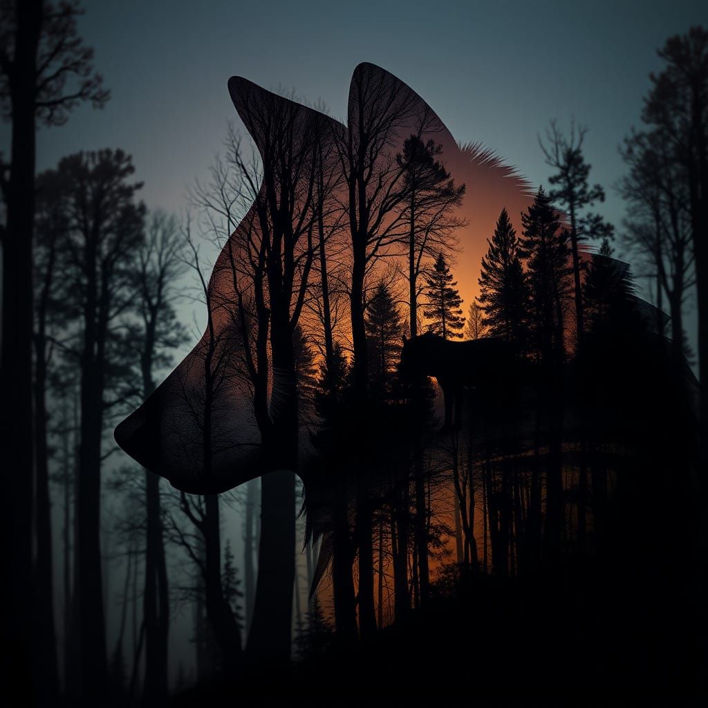 A Silhouette portrait of a wolf in a forest