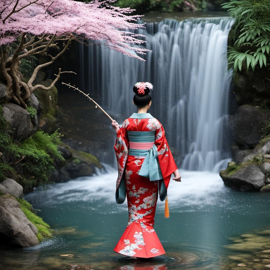 Geisha with Umbrella by River and Waterfall