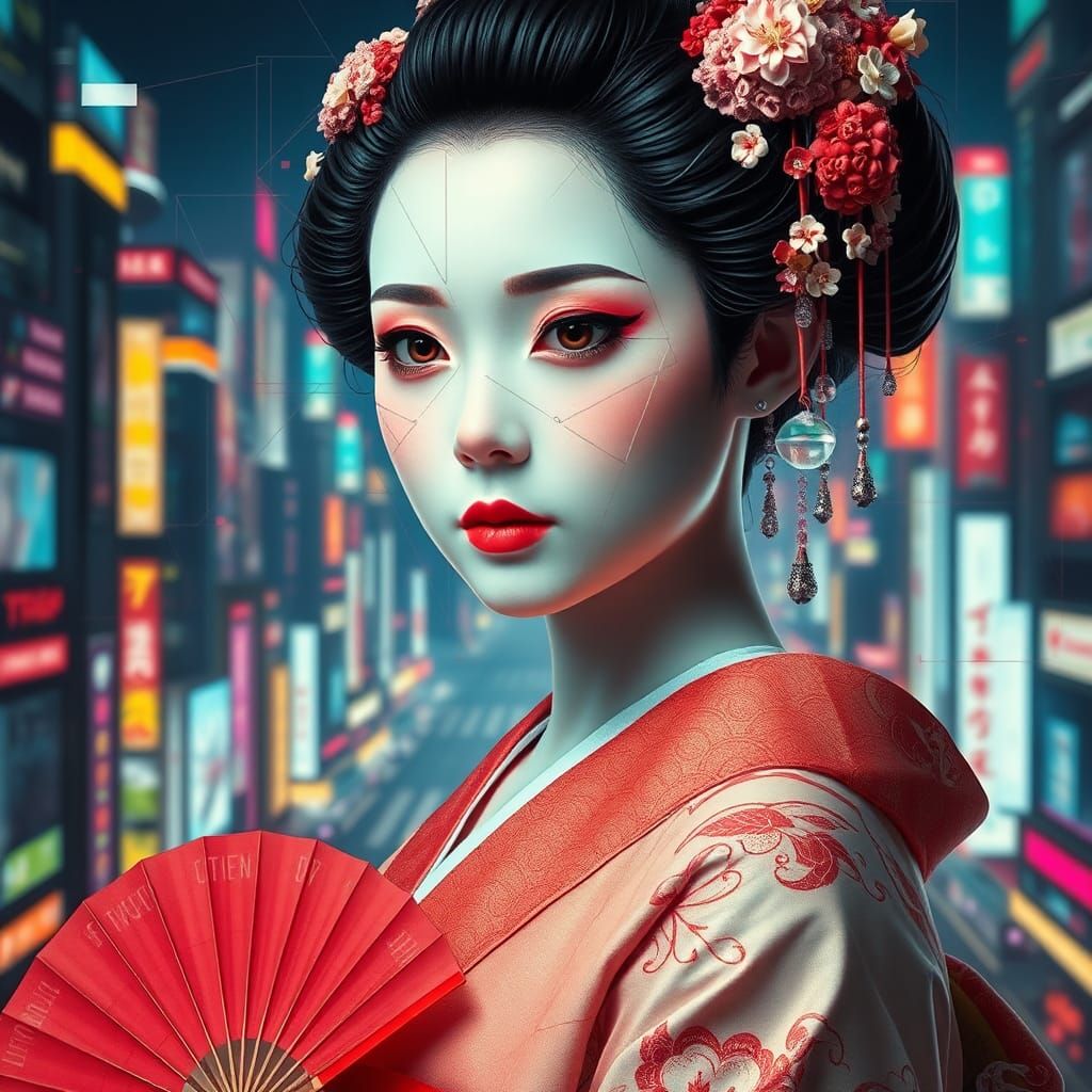 Create an alluring 3D graphic of a [Geisha] with geometric lines in the style of urban emotions. Use transparent layers,...