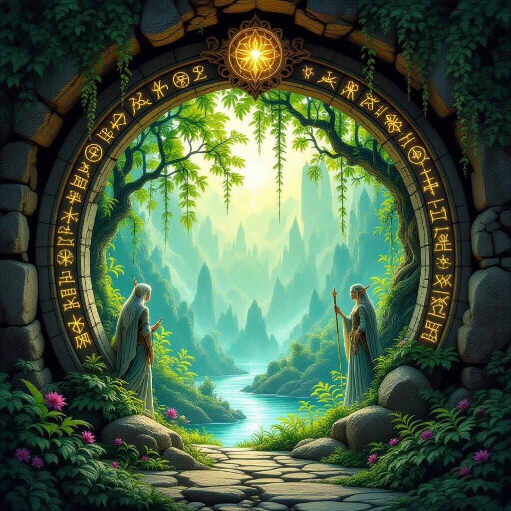 Fantastical Ancient Stone Relief with Elven Legends and Ench...