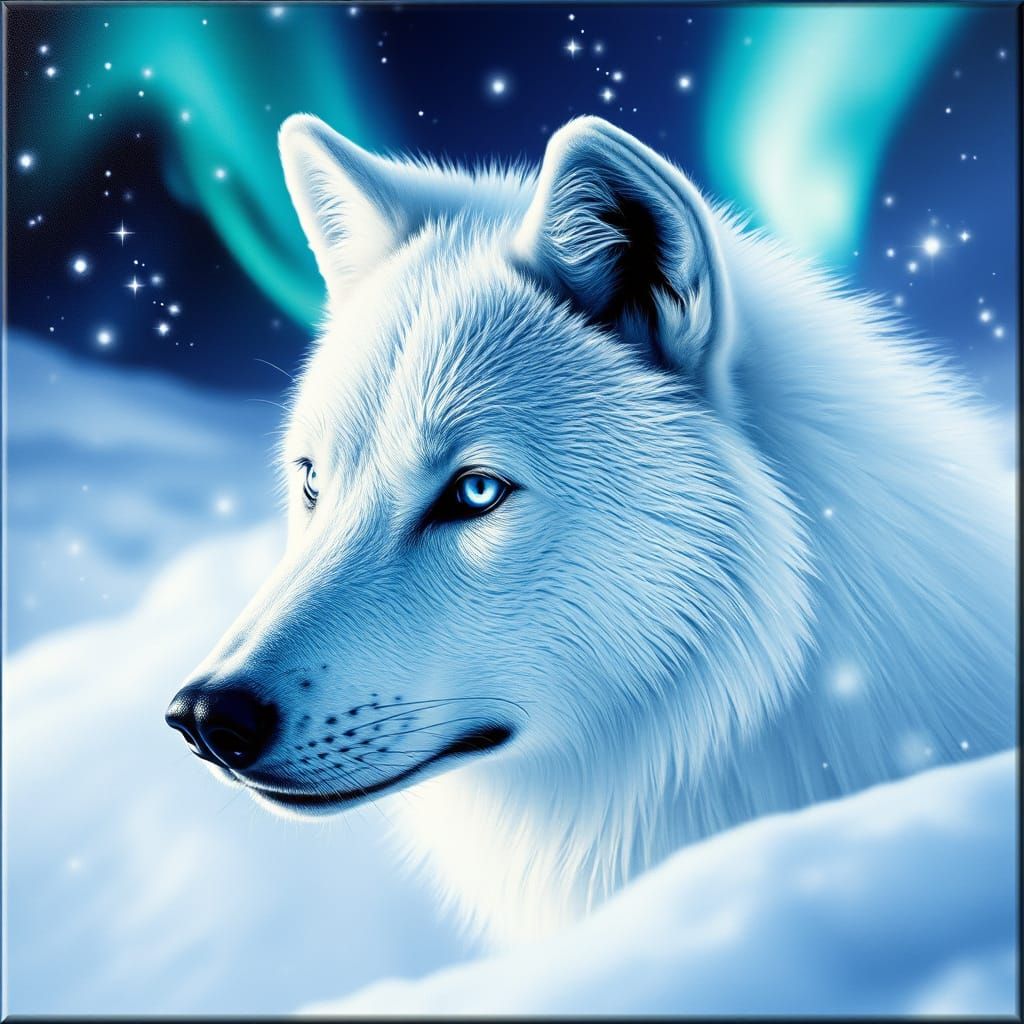 White Wolf in Snowy Winter Landscape Acrylic Painting