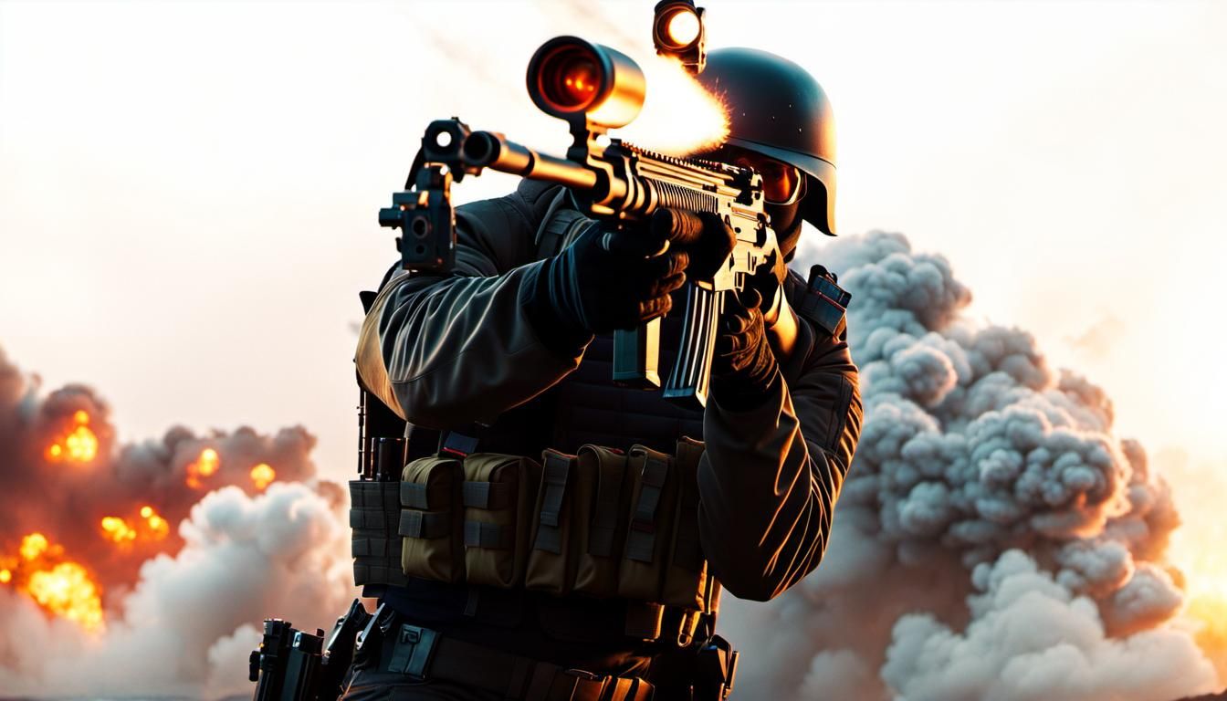 Futuristic Soldier Fires Shotgun in Digital Painting