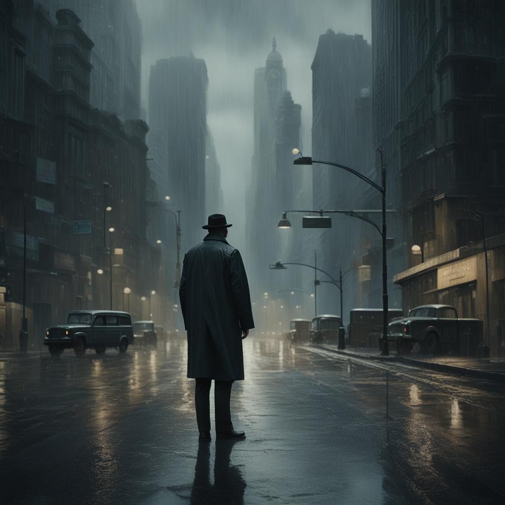 Melancholic Figure in Rainy Cityscape, Film Noir Oil Paintin...