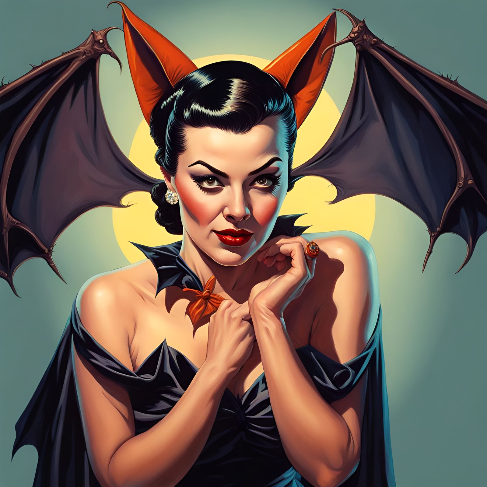 1950s Bat-Woman Reflection: Hyperrealistic Pinup Art