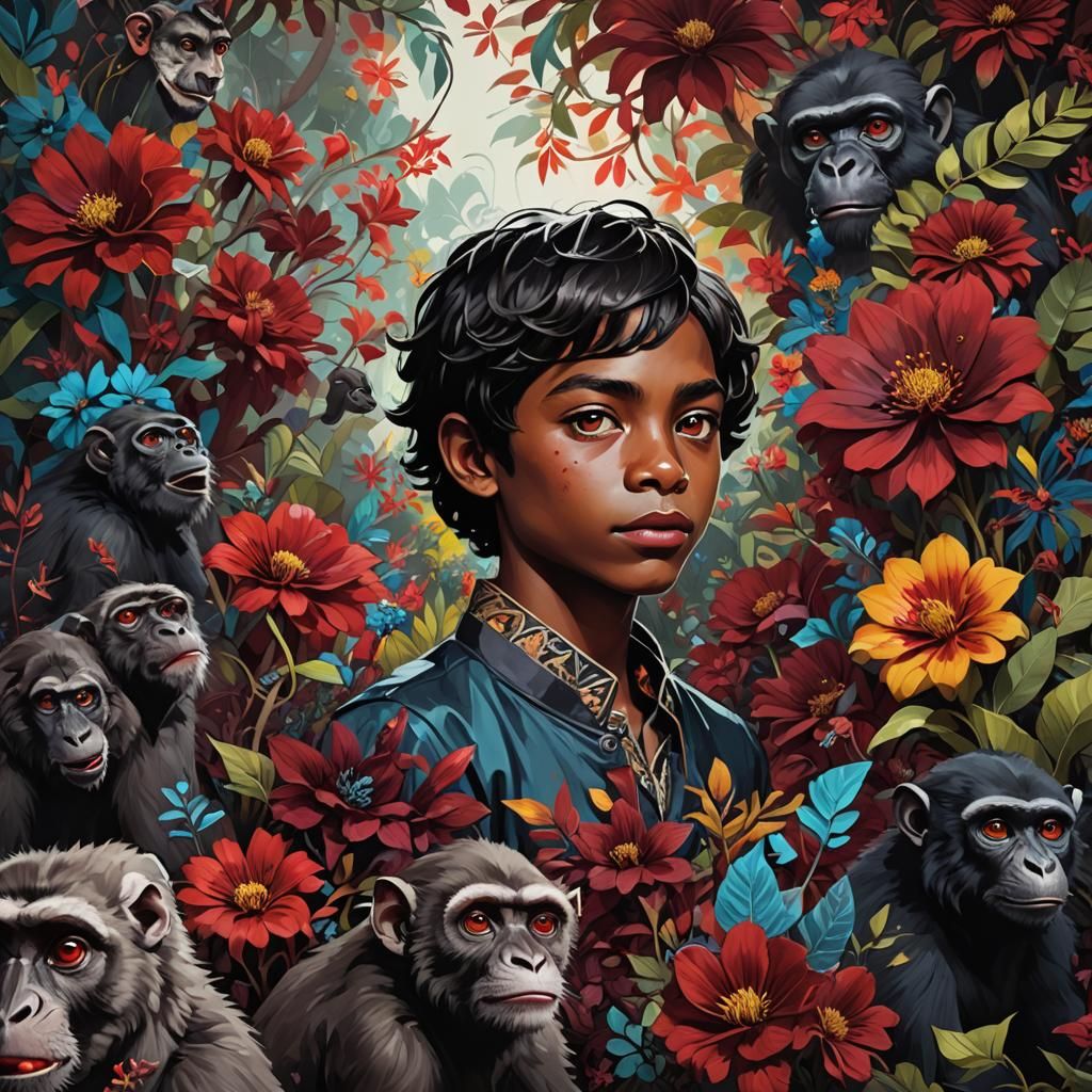 Boy with Monkeys: Triadic Color Splash Art