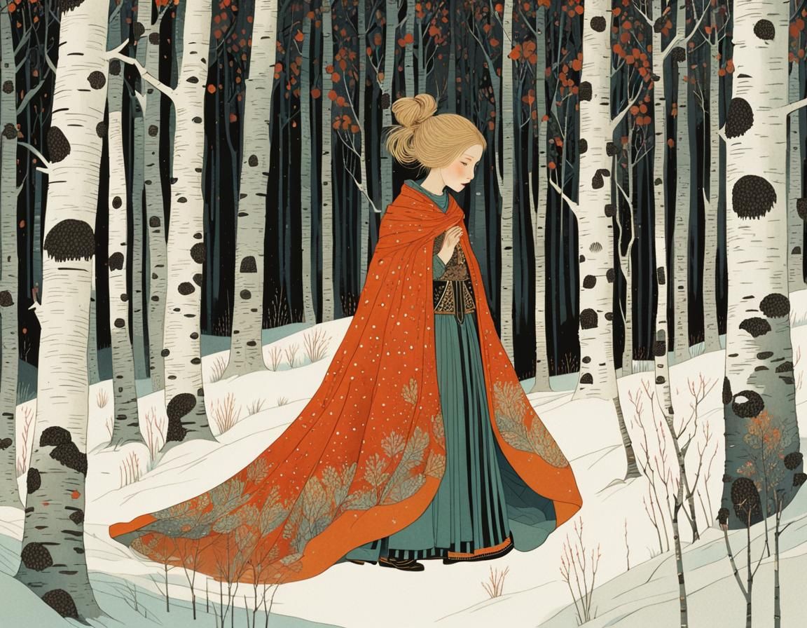 Winter Scene in a Birch Forest with Expressive Girl