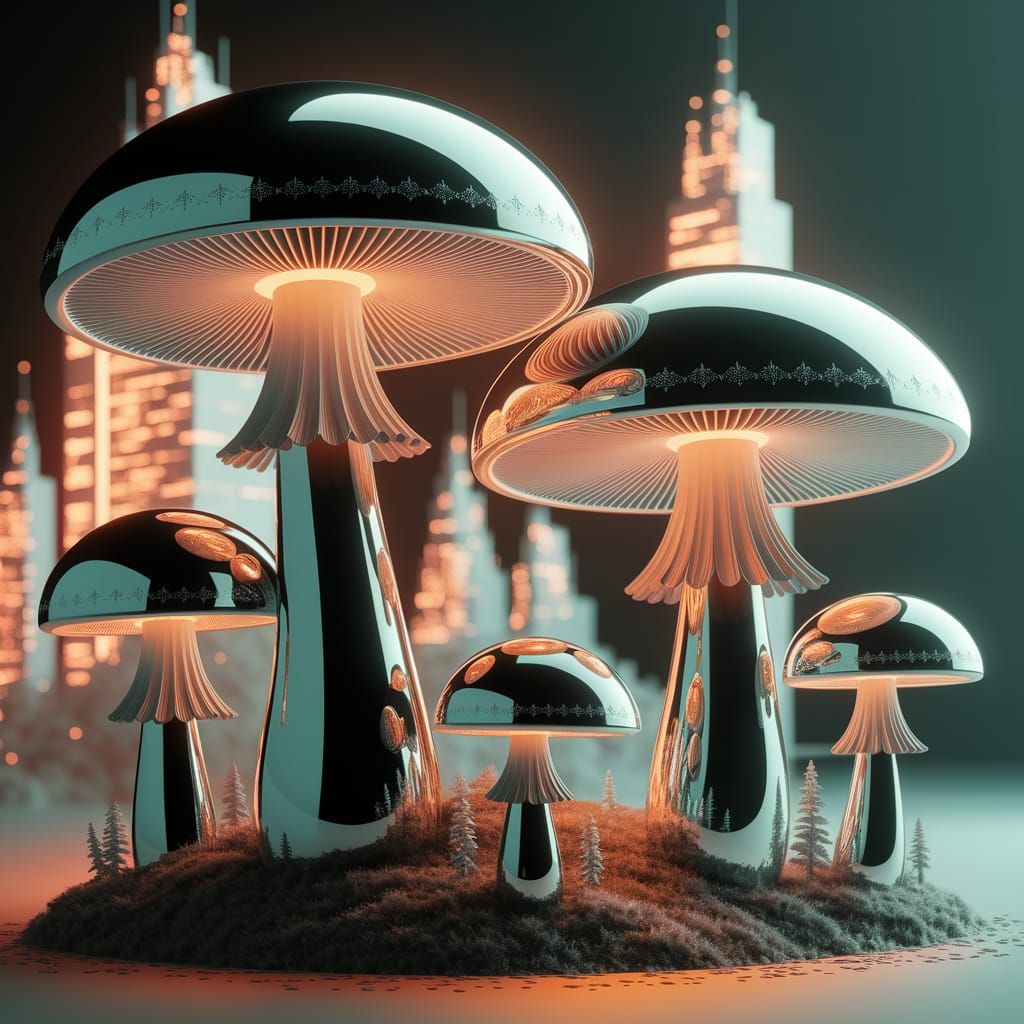 Glowing Neon Forest with Towering Metal Mushrooms