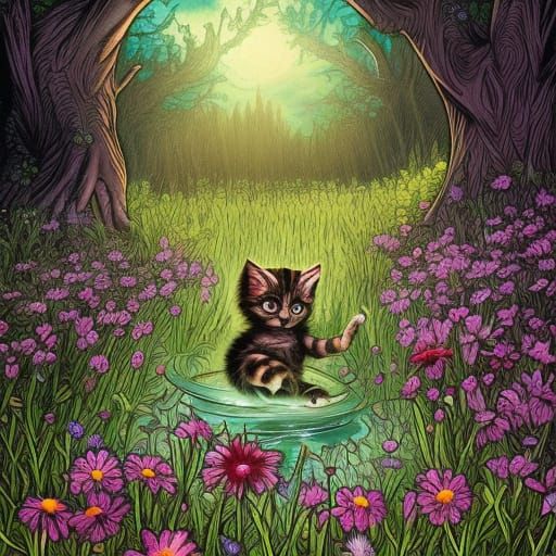 Watercolor Kitten in Magical Flower Meadow