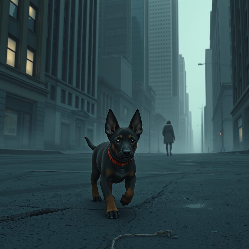 Lonely Malinois Puppy Searches City Streets Amidst Grey Skys...