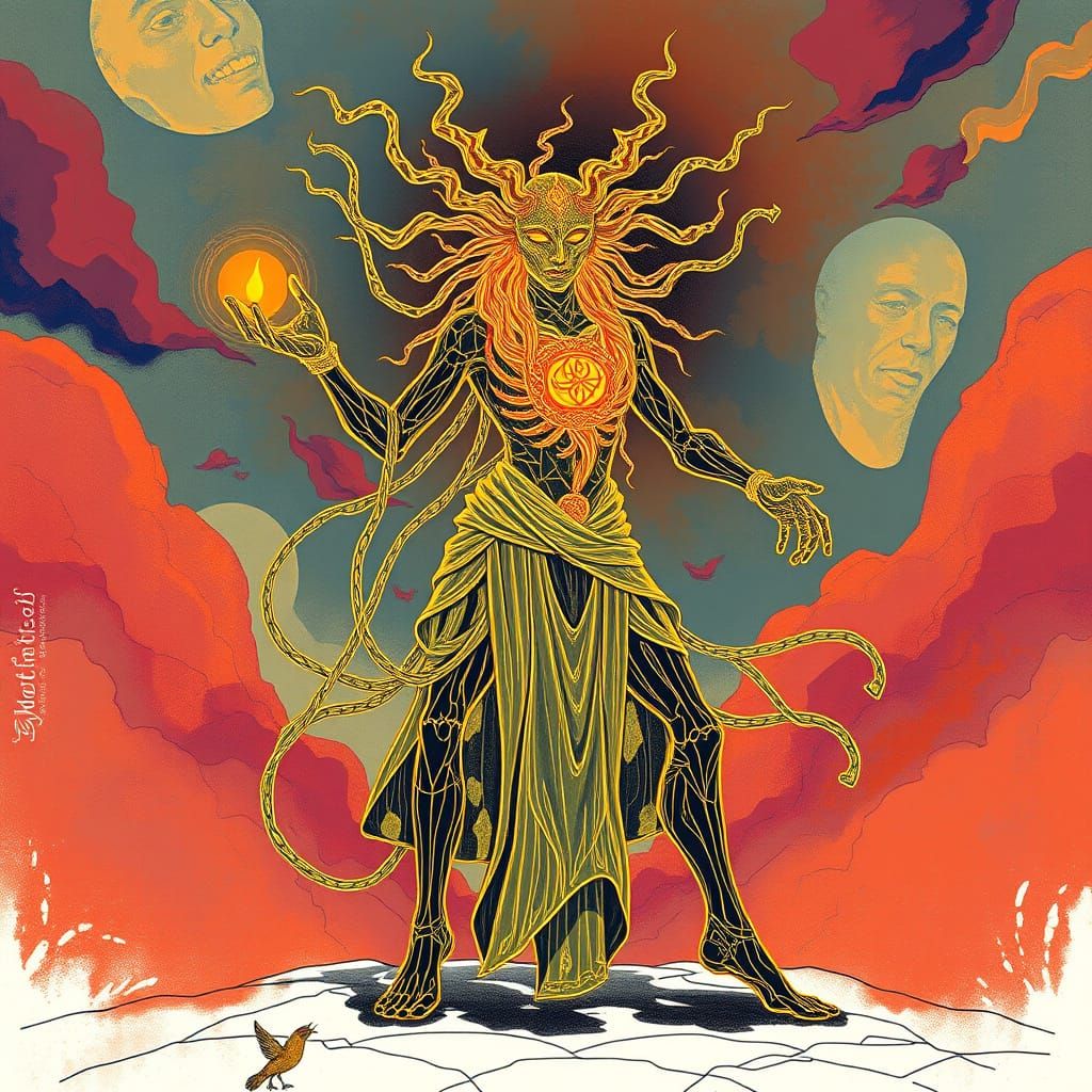 Glowing Figure in Ornate, Wireframe Style