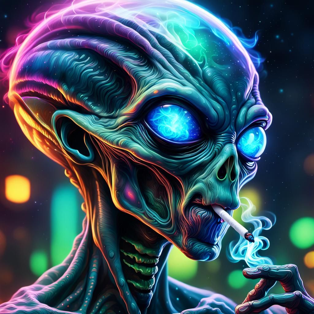 Alien Smoker in Neon Cityscape: Digital Illustration