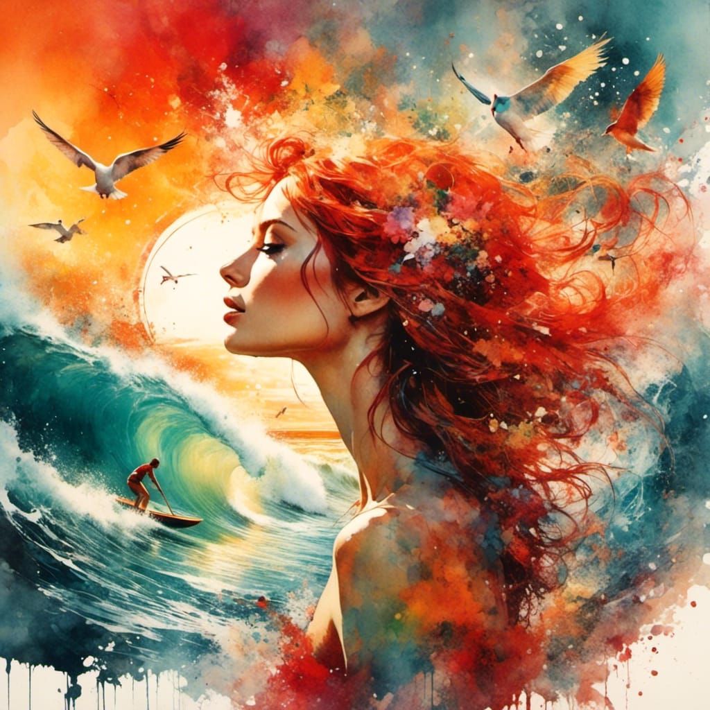 Sunset Beach Party Double Exposure in Sketchbook Style