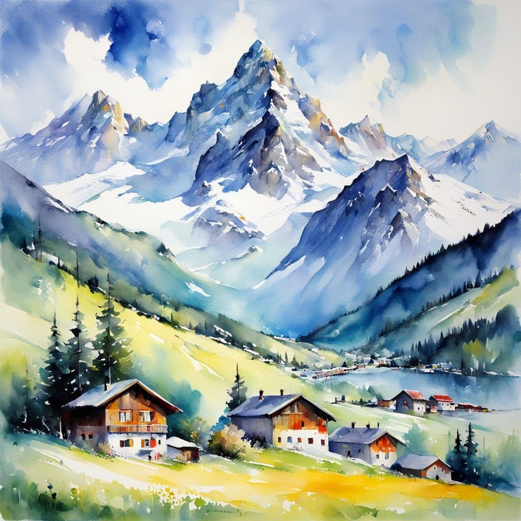 Majestic Swiss Alps Landscape in Watercolour Style