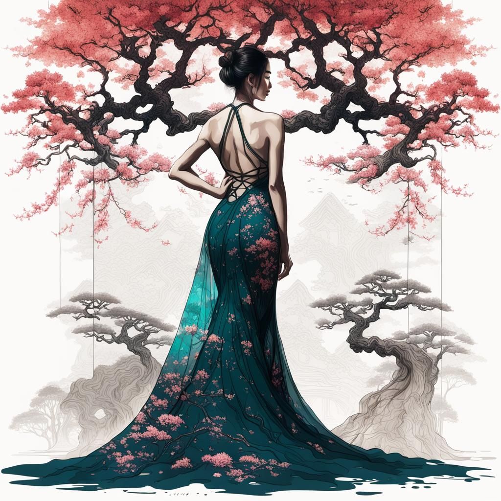 Double Exposure Silhouette in Rich Ink Drawing Style