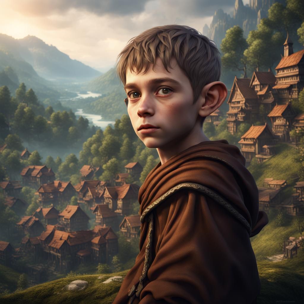 Halfling Monk Portrait with Mountain Village