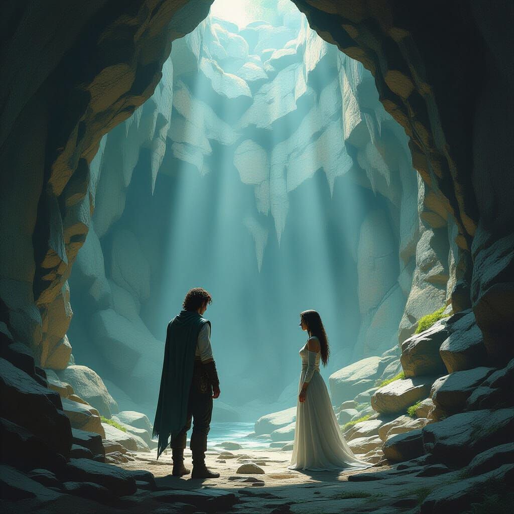 Contemplative Figures in Vast Stone Cavern