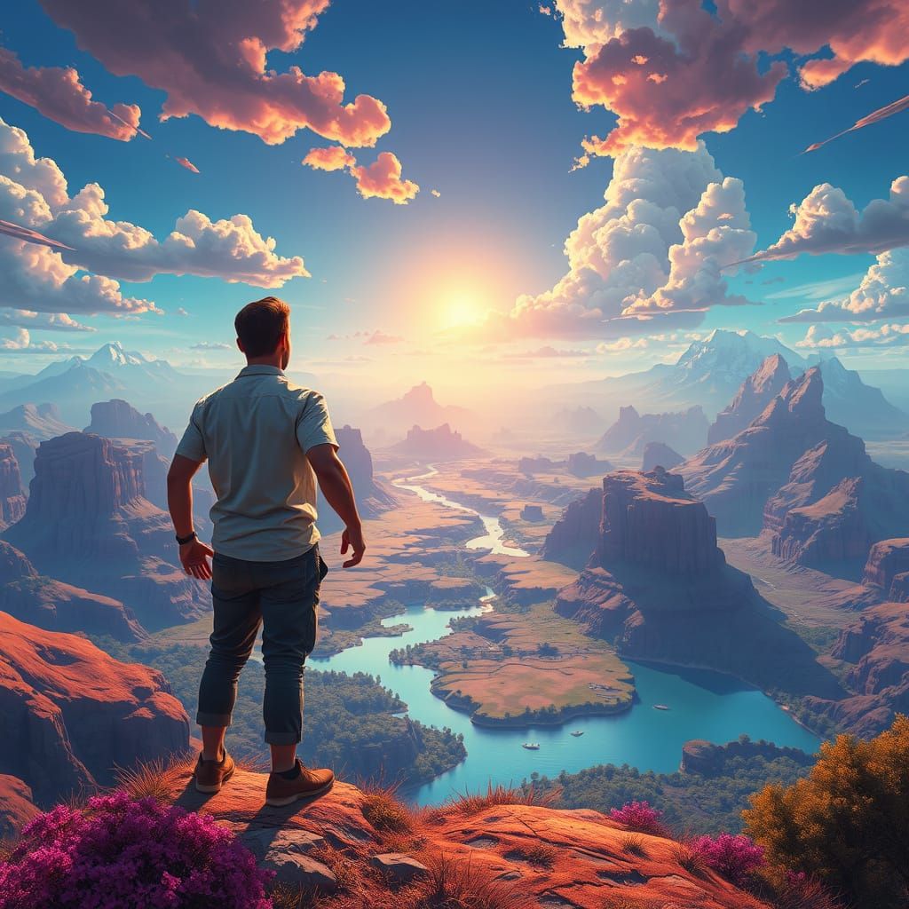 Heroic Husband Gazing Out at Serene Wife on Vibrant Horizon