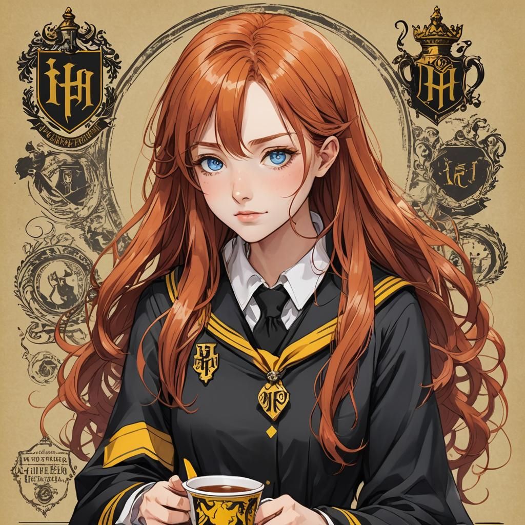 Anime Girl in Hufflepuff Uniform Drinking Tea
