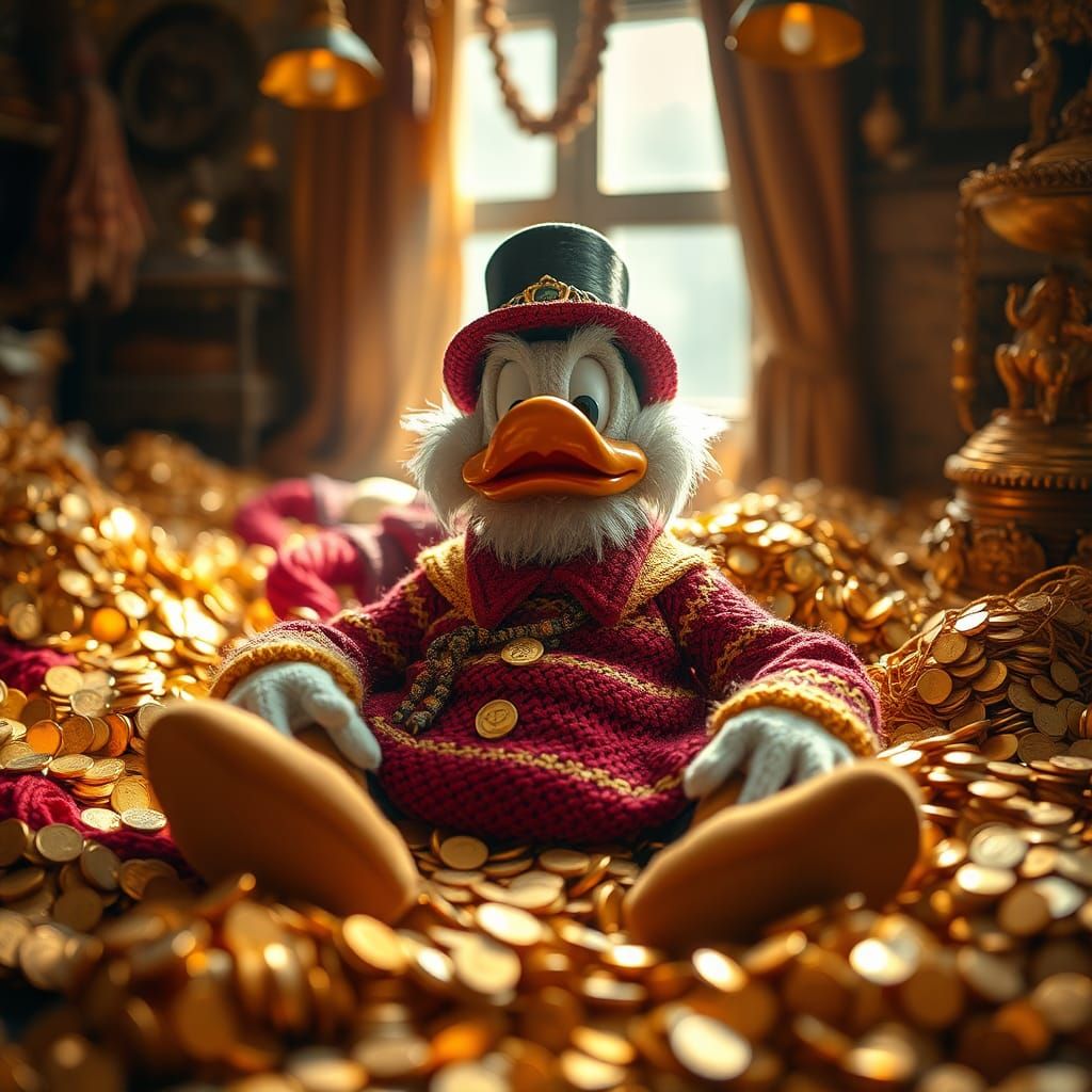 Knitted Scrooge McDuck in His Money Kingdom