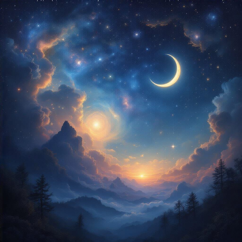 Mystical Night Sky with Swirling Galaxies and Stars